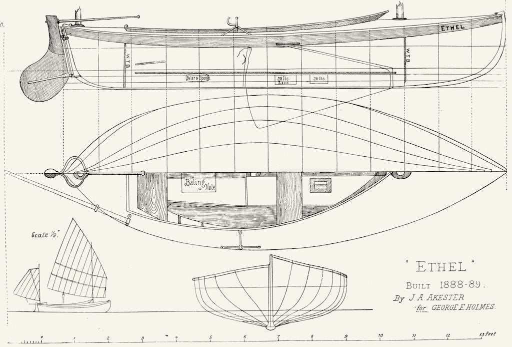 BOAT PLAN. Humber Canoe Yawl 'Ethel' 1891 old antique vintage print picture